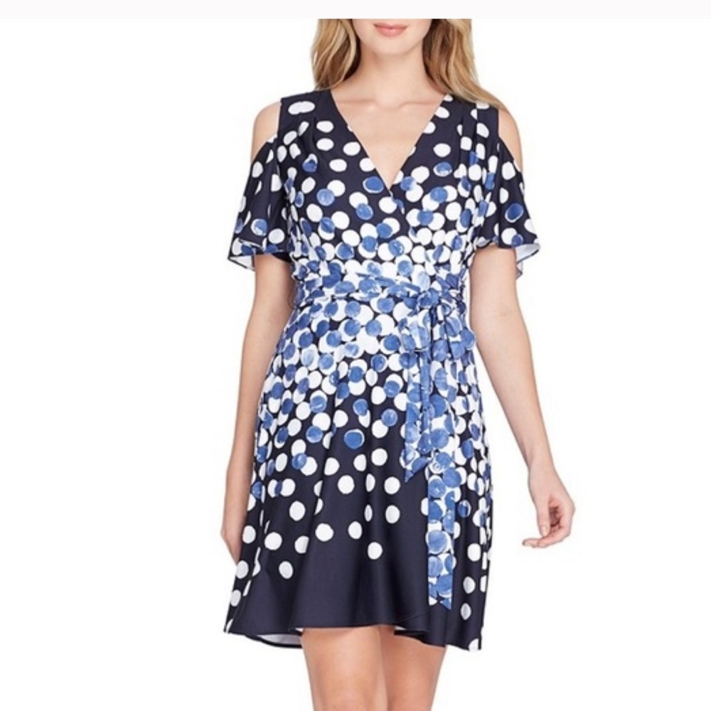 Tahari Cold Shoulder Faux Wrap Dress Blue White